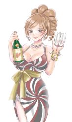 Rule 34 | 1girl, alcohol, bangle, bare shoulders, bracelet, breasts, brown eyes, brown hair, champagne flute, cleavage, cup, dress, drill hair, drinking glass, earrings, jewelry, kawamoto akari, komotodaemai, large breasts, lipstick, looking at viewer, makeup, necklace, pearl earrings, pearl necklace, sangatsu no lion, smile, solo, standing