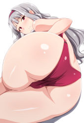 Rule 34 | 1girl, ass, ass focus, bare shoulders, blush, cameltoe, cleft of venus, crotch, embarrassed, foreshortening, from behind, hairband, highres, hip focus, idolmaster, idolmaster (classic), long hair, looking back, lying, one-piece swimsuit, parted lips, red eyes, red one-piece swimsuit, shijou takane, shiny skin, sidelocks, silver hair, simple background, solo, swimsuit, tengu (tetuo kun), thick thighs, thighs, white background, wide hips