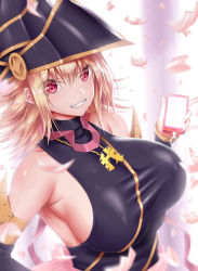 Rule 34 | 1girl, absurdres, alternate breast size, armlet, armpits, asymmetrical hair, bare shoulders, black hat, black sleeves, blonde hair, blurry, blurry background, blurry foreground, blush, breasts, calcio, cellphone charm, charm (object), collarbone, commentary request, detached sleeves, dress, duel monster, emblem, fangs, gagaga girl, grin, hair between eyes, hat, highres, holding, holding phone, huge breasts, jewelry, looking at viewer, medium hair, necklace, phone, pink ribbon, purple dress, red eyes, ribbon, sideboob, sidelocks, sleeveless, sleeveless dress, smile, solo, taut clothes, taut dress, turtleneck, turtleneck dress, upper body, wizard hat, yu-gi-oh!