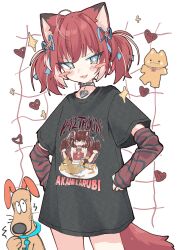 +_+ 1girl :3 akami_karubi alternate_costume animal_ears arm_warmers black_shirt blue_eyes blue_ribbon blush blush_stickers cat_ears cat_girl cat_tail choker commentary cowboy_shot dog fang grid_background hair_ribbon hands_on_own_hips heart heart_choker highres indie_virtual_youtuber key_dog looking_at_viewer metal_band_text open_mouth print_shirt red_arm_warmers red_hair ribbon sentouryoku_5 shirt short_hair short_sleeves short_twintails smirk smug solo sparkle standing striped_arm_warmers symbol-only_commentary t-shirt tail trembling twintails v-shaped_eyebrows vaultroom virtual_youtuber white_background