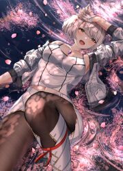 Rule 34 | 1girl, absurdres, animal ears, arm up, blush, boots, braid, breasts, camisole, cat ears, cherry blossoms, chest jewel, core crystal (xenoblade), enoha, fingerless gloves, footwear ribbon, gloves, grey hair, hand on own head, highres, jacket, leg up, looking at viewer, lying, lying on water, medium breasts, mio (xenoblade), navel, on back, open mouth, pantyhose, pleated skirt, reflection, ripples, short hair, shoulder strap, skirt, smile, solo, tank top, water, white camisole, white jacket, white tank top, xenoblade chronicles (series), xenoblade chronicles 3, yellow eyes