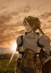 Rule 34 | 1boy, armor, brown hair, brown theme, cress albane, ds0310, gloves, headband, male focus, solo, sunset, sword, tales of (series), tales of phantasia, weapon