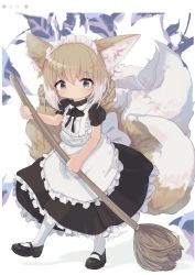 Rule 34 | 1girl, alternate costume, animal ears, apron, arknights, black dress, black footwear, blonde hair, braid, broom, closed mouth, commentary request, dress, erandhl, fox ears, fox tail, frilled dress, frills, full body, green eyes, hairband, highres, holding, holding broom, kitsune, kyuubi, looking at viewer, maid, maid apron, maid headdress, multiple tails, pantyhose, shoes, short hair, solo, standing, suzuran (arknights), tail, twitter username, white apron, white background