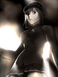 Rule 34 | 10s, 1girl, akitsu maru (kancolle), backlighting, black eyes, black hair, breasts, from below, hat, kantai collection, large breasts, military, military hat, military uniform, miniskirt, open mouth, pale skin, peaked cap, pleated skirt, primary stage, skirt, solo, twitter username, uniform