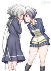 Rule 34 | 2girls, arms behind back, black dress, black hair, black jacket, black skirt, black socks, blazer, blue eyes, blush, brown cardigan, cardigan, commentary request, covering own mouth, dress, eye contact, face-to-face, hand over own mouth, highres, jacket, kneehighs, konno junko, leaning forward, long hair, looking at another, low twintails, mizuno ai, multiple girls, plaid, plaid skirt, red eyes, ribbon, sailor collar, sailor dress, shirt, short hair, silver hair, simple background, skirt, socks, studiozombie, thighs, twintails, white background, white shirt, yuri, zombie land saga