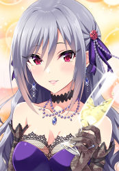 Rule 34 | 1girl, bare shoulders, blush, breasts, champagne flute, cleavage, collarbone, commentary request, cup, dress, drink, drinking glass, earrings, elbow gloves, floral print, glint, gloves, highres, holding, holding cup, holding drinking glass, idolmaster, idolmaster cinderella girls, jewelry, kanzaki ranko, lace, lace gloves, long hair, medium breasts, necklace, parted lips, pearl necklace, pendant, print gloves, purple dress, red eyes, ring, rose print, sidelocks, silver hair, smile, solo, strapless, strapless dress, urabi (tomatohouse)
