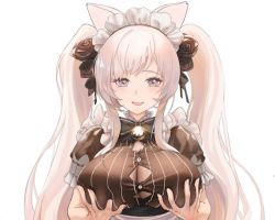 Rule 34 | 1girl, animal ears, bow, bowtie, grabbing another&#039;s breast, breasts, cat ears, destiny child, flower, frills, grabbing, hair flower, hair ornament, large breasts, maid, maid headdress, purple eyes, silver hair, sytry (destiny child), twintails