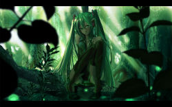 Rule 34 | 1girl, aqua eyes, aqua hair, bad id, bad pixiv id, detached sleeves, forest, green eyes, green hair, green theme, hatsune miku, headphones, highres, katou taira, letterboxed, light rays, long hair, looking at viewer, matching hair/eyes, nature, necktie, scenery, sitting, skirt, solo, sunbeam, sunlight, thighhighs, twintails, very long hair, vocaloid, wallpaper, water, zettai ryouiki