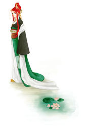 Rule 34 | 1girl, bad id, bad pixiv id, chinese clothes, flower, full body, green eyes, hand fan, hanfu, headdress, juuni kokuki, lily pad, long hair, looking at viewer, lotus, nakajima youko, nemu (noibla), nepoma, pointy footwear, red hair, shoes, short hair with long locks, simple background, solo, standing, white background