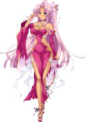 Rule 34 | 1girl, absurdres, bare shoulders, blue eyes, breasts, cleavage, cleavage cutout, clothing cutout, dark skin, dark-skinned female, detached sleeves, dress, feet, full body, hair ornament, highres, hikage eiji, jewelry, koihime musou, long hair, looking at viewer, medium breasts, nail polish, necklace, pelvic curtain, pink hair, ponytail, revealing clothes, sandals, shoes, side slit, smile, solo, sonsaku, toes, transparent background, very long hair