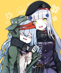 Rule 34 | &gt;:d, 0 0, 2girls, :d, anger vein, arm around neck, beret, black gloves, black hat, blue hair, blunt bangs, blush stickers, clenched hand, commentary, g11 (girls&#039; frontline), girls&#039; frontline, gloves, green eyes, green hat, green jacket, hair ornament, hat, head tilt, highres, hk416 (girls&#039; frontline), jacket, long hair, looking at viewer, magazine (weapon), multiple girls, open clothes, open jacket, open mouth, signature, smile, tosyeo, v-shaped eyebrows, very long hair, wavy mouth, yellow background
