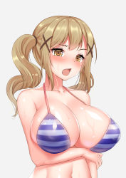 Rule 34 | 1girl, arm under breasts, bang dream!, bare shoulders, bikini, blush, breasts, brown eyes, brown hair, cleavage, grey background, hair ornament, highres, huge breasts, ichigaya arisa, long hair, looking at viewer, navel, numaccha, open mouth, simple background, solo, standing, striped bikini, striped clothes, swimsuit, twintails, upper body, wet, x hair ornament
