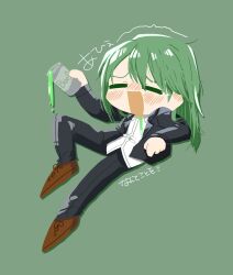 Rule 34 | 1boy, black jacket, black pants, blush, brown footwear, can, closed eyes, collared shirt, enkephalin (project moon), full body, green background, green hair, highres, holding, holding can, jacket, lobotomy corporation, nantekottawo!!, netzach (project moon), open mouth, pants, project moon, shirt, shoes, smile, solo, white shirt