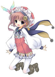 Rule 34 | 1girl, :d, aged down, atelier (series), atelier meruru, atelier rorona, blue eyes, boots, brown hair, cape, child, feathers, female focus, hair ornament, hat, highres, knee boots, long sleeves, midair, open mouth, pantyhose, pink hair, rororina fryxell, short hair, smile, solo, striped clothes, striped headwear, vertical-striped clothes, vertical-striped headwear, white pantyhose, yamucha