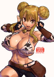 Rule 34 | 1girl, 2021, abs, amania orz, animal print, bag, bell, belt, belt buckle, bikini, black gloves, black shorts, blonde hair, breasts, brown bag, brown belt, brown choker, buckle, chinese zodiac, choker, cow print, cowbell, dated, detached sleeves, double bun, fairy tail, fingerless gloves, gloves, hair bun, highres, horns pose, large breasts, lucy heartfilia, navel, print bikini, print sleeves, satchel, shorts, sidelocks, smile, solo, swimsuit, white background, year of the ox