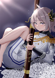 Rule 34 | 1girl, blush, closed mouth, feet out of frame, flower, girls&#039; frontline, grey hair, griffin &amp; kryuger, hair ornament, highres, holding, holding instrument, idolmaster, idolmaster cinderella girls, instrument, long sleeves, looking at viewer, lying, m200 (girls&#039; frontline), m200 (solemn march) (girls&#039; frontline), marching band, official alternate costume, on back, one smoke, purple eyes, short hair, smile, solo, white flower, white uniform