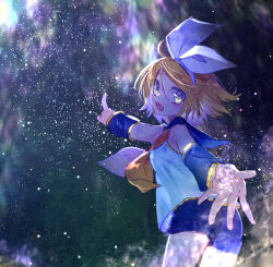 Rule 34 | 1girl, :d, aurora, bare shoulders, blonde hair, blue eyes, blush, bow, breasts, detached sleeves, hair bow, hair ornament, hairclip, kagamine rin, light particles, looking at viewer, looking back, neckerchief, night, night sky, nyaumineko, open mouth, outstretched arm, outstretched hand, pointing, pointing up, reaching, reaching towards viewer, sailor collar, sailor shirt, shirt, short hair, shorts, sky, sleeveless, sleeveless shirt, small breasts, smile, solo, star (sky), starry sky, vocaloid, white bow, yellow nails, yellow neckerchief