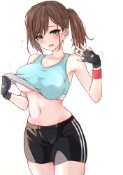 Rule 34 | 1girl, absurdres, black gloves, black shorts, blue shirt, blush, breasts, breath, brown hair, cleavage, clothes lift, collarbone, fingerless gloves, gloves, green eyes, highres, karuizawa sawa, large breasts, long hair, looking at viewer, midriff, navel, open mouth, ponytail, shirt, shirt lift, shorts, solo, standing, sweat, tank top, teeth, white background