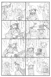 Rule 34 | !, 10s, 2girls, 4koma, :d, aki (girls und panzer), bbb (friskuser), comic, commentary request, electric guitar, closed eyes, girls und panzer, greyscale, guitar, hat, highres, instrument, long hair, long sleeves, low twintails, mika (girls und panzer), monochrome, multiple 4koma, multiple girls, musical note, open mouth, quaver, short hair, short twintails, smile, spoken exclamation mark, teeth, top hat, translation request, twintails