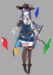 Rule 34 | 1girl, adapted costume, ankle boots, belt, black footwear, black thighhighs, blue dress, blue hair, blue skirt, blush, boots, crystal, dress, full body, gloves, grey background, highres, hinanawi tenshi, lace, lace-trimmed legwear, lace trim, long hair, long sleeves, looking at viewer, miniskirt, open mouth, purple eyes, rainbow order, ribbon, shirt, short dress, simple background, sketch, skirt, smile, solo, standing, sword of hisou, tetsurou (fe+), thighhighs, touhou, underbust, white gloves, white shirt, zettai ryouiki