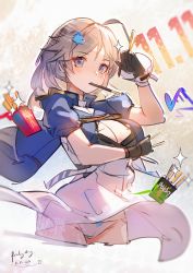 Rule 34 | 1girl, absurdres, ahoge, azur lane, between fingers, black gloves, blue jacket, breasts, brown hair, cleavage, closed mouth, commentary, cowboy shot, cropped legs, dated, dress, english commentary, fish hair ornament, food, food in mouth, gloves, grey eyes, groin, hair ornament, hand up, highres, holding, holding food, huge filesize, jacket, janyhero, long hair, looking at viewer, medium breasts, mouth hold, panties, pocky, pocky day, seattle (azur lane), solo, sparkle, underwear, white dress, white panties