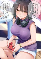 Rule 34 | 1girl, barefoot, black hair, blurry, blurry background, bracelet, breasts, brown eyes, commentary request, controller, game controller, green nails, grin, hair between eyes, headphones, headphones around neck, highres, jewelry, large breasts, looking at viewer, medium hair, nail polish, original, purple shirt, ryouma (galley), shirt, short shorts, shorts, sitting, sleeveless, sleeveless shirt, smile, table, tile floor, tiles, translation request