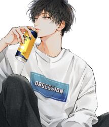 Rule 34 | 1boy, absurdres, black hair, black pants, blue eyes, can, closed mouth, en (e898n), hand up, highres, holding, holding can, knees up, looking away, male focus, original, pants, short hair, simple background, solo, suntory, sweater, upper body, white background, white sweater
