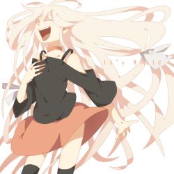 Rule 34 | 1girl, bad id, bad pixiv id, bare shoulders, casual, character name, choker, closed eyes, clothes lift, colored eyelashes, english text, happy, ia (vocaloid), long hair, music, open mouth, outstretched hand, sameyama jiro, singing, skirt, skirt lift, solo, thighhighs, very long hair, vocaloid, white hair, white theme, zettai ryouiki