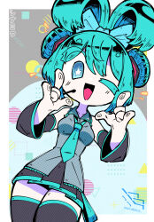 Rule 34 | 1girl, :d, absurdres, aqua eyes, aqua hair, aqua necktie, bare shoulders, birdblitz, black sleeves, cinnamiku, collared shirt, detached sleeves, double v, folded twintails, grey shirt, hair between eyes, hatsune miku, highres, looking at viewer, necktie, one eye closed, open mouth, shirt, skirt, smile, solo, star-shaped pupils, star (symbol), symbol-shaped pupils, thighhighs, twitter username, updo, v, vocaloid