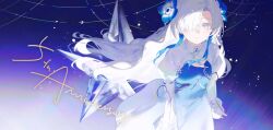 1girl anniversary blue_dress blue_flower blue_hair dress flower gradient_clothes gradient_dress hair_flower hair_ornament hair_over_one_eye highres isekaijoucho kamitsubaki_studio looking_at_viewer multicolored_hair ryuuforkaf solo two-tone_hair white_dress white_eyes white_hair