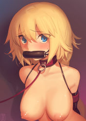 Rule 34 | 1girl, absurdres, bare shoulders, bdsm, bit gag, black gloves, blonde hair, blue eyes, blush, bondage, bound, breasts, cad (caddo), collar, commentary request, elbow gloves, fate/apocrypha, fate (series), gag, gagged, gloves, hair between eyes, highres, jeanne d&#039;arc (fate), large breasts, leash, long hair, looking at viewer, nipples, nude, red collar, slave, solo, upper body