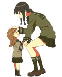 Rule 34 | 10s, 2girls, age difference, aged down, anchor symbol, black eyes, black hair, blunt bangs, blush, braid, brown hair, chocotto715, green legwear, green skirt, hand on head, headpat, height difference, kantai collection, kitakami (kancolle), kneehighs, long hair, long sleeves, looking at another, multiple girls, neckerchief, ooi (kancolle), pleated skirt, sailor collar, school uniform, single braid, skirt, socks
