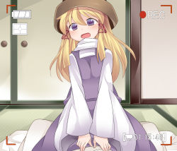 Rule 34 | 1girl, bad id, bad pixiv id, blonde hair, commentary request, futon, hair ribbon, hammer (sunset beach), hat, long hair, long sleeves, looking at viewer, moriya suwako, open mouth, purple eyes, recording, ribbon, shirt, sitting, skirt, skirt set, smile, solo, tatami, touhou, v arms, vest, wide sleeves