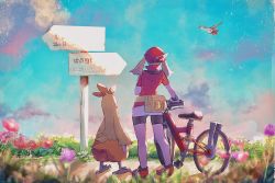 Rule 34 | 1girl, bandana, bicycle, bike shorts, black shorts, blue sky, brown hair, cloud, cloudy sky, combusken, commentary request, creatures (company), day, dirt road, flower, flying, game freak, gen 3 pokemon, hanenbo, highres, kanji, latias, legendary pokemon, looking away, may (pokemon), nintendo, outdoors, path, pokemon, pokemon (creature), pokemon rse, red footwear, red shirt, road, shirt, shoes, shorts, sign, signpost, sky, star (sky), starry sky, twintails