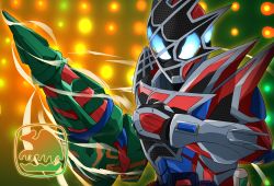 Rule 34 | 1boy, armor, asymmetrical armor, bug, clenched hand, demons driver, drill hand, green background, highres, kamen rider, kamen rider demons, kamen rider revice, looking at viewer, miyabi (037), mogura genome, mole (animal), orange background, silk, spider, spider web, spider web print, two-tone background