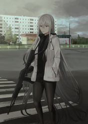 Rule 34 | 1girl, black hair, black necktie, black pantyhose, black shirt, black shorts, building, chihuri, cigarette, cloud, cloudy sky, collared shirt, commentary request, day, ear piercing, gradient hair, grey eyes, grey hair, gun, hair between eyes, hand in pocket, highres, holding, holding gun, holding weapon, jacket, lamppost, long hair, long sleeves, looking away, mouth hold, multicolored hair, necktie, open clothes, open jacket, original, outdoors, pantyhose, piercing, railing, road, shirt, short shorts, shorts, sky, smoke, smoking, solo, very long hair, weapon, weapon request, white jacket, zoya petrovna vecheslova