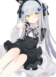 Rule 34 | 1girl, aged down, apron, black apron, black hairband, black ribbon, bow, bowtie, checkered bow, checkered bowtie, checkered clothes, commentary, dress, facial mark, fei (songyijie), frilled apron, frills, girls&#039; frontline, green eyes, grey hair, hair between eyes, hair ornament, hair ribbon, hairband, hat, highres, hk416 (black kitty&#039;s gift) (girls&#039; frontline), hk416 (girls&#039; frontline), long hair, long sleeves, looking at viewer, mini hat, official alternate costume, open mouth, ribbon, simple background, sitting, solo, two side up, white background, white dress
