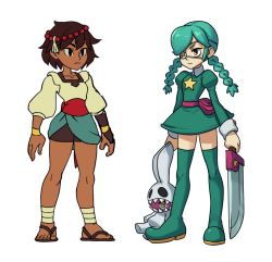 Rule 34 | 2girls, ajna (indivisible), ankle wrap, annie (skullgirls), beads, belt, black eyes, black hair, boots, braid, breasts, brown hair, creator connection, crossover, dark skin, dark-skinned female, dress, eyepatch, green hair, green skirt, hair ornament, indivisible, jewelry, lab zero games, long hair, multiple girls, official art, sandals, short hair, skirt, skullgirls, stuffed animal, stuffed rabbit, stuffed toy, sword, thigh boots, thighhighs, twin braids, twintails, weapon