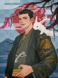 Rule 34 | 1boy, animal, animal on shoulder, bakemonookome, black hair, black kimono, brown eyes, cherry blossoms, cloud, eyeshadow, flying sweatdrops, japanese clothes, kimono, looking at another, makeup, male focus, mountain, new year, open mouth, original, rabbit, red eyeshadow, red nails, red sun, short hair, smile