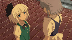 Rule 34 | 2girls, anime coloring, apron, blue eyes, bow, braid, brick, eye contact, female focus, from above, hair ribbon, height difference, izayoi sakuya, konpaku youmu, light smile, looking at another, multiple girls, path, pavement, ribbon, road, rp (necho), short hair, short sleeves, smile, touhou, twilight, vest, waist apron, white hair