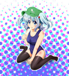 Rule 34 | 1girl, alternate costume, black thighhighs, blue eyes, blue hair, blush, breasts, chiro-minami, chiro (bocchiropafe), cleavage, collarbone, female focus, food, hair bobbles, hair ornament, kawashiro nitori, large breasts, matching hair/eyes, one-piece swimsuit, open mouth, popsicle, school swimsuit, short hair, solo, swimsuit, thighhighs, touhou, two side up