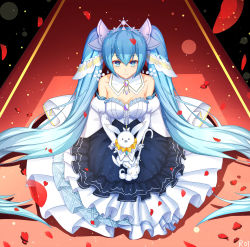 Rule 34 | 1girl, animal, bare shoulders, beamed eighth notes, blue eyes, blue hair, blue skirt, breasts, center frills, circle skirt, closed mouth, collar, collarbone, commentary, detached collar, detached sleeves, eighth note, frills, hair between eyes, hair ornament, hatsune miku, highres, holding, holding animal, juliet sleeves, long hair, long sleeves, medium breasts, musical note, petals, pleated skirt, puffy sleeves, rabbit, roi (liu tian), shirt, sidelocks, signature, skirt, smile, snowflake hair ornament, strapless, tiara, twintails, very long hair, vocaloid, white collar, white shirt, white sleeves, yuki miku, yukine (vocaloid)
