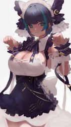 Rule 34 | 1girl, absurdres, azur lane, back bow, bare shoulders, black hair, black ribbon, blue eyes, blue hair, blunt bangs, blush, bow, breasts, cheshire (azur lane), cleavage, closed mouth, corset, crescent, detached collar, detached sleeves, dress, grey background, hands up, highres, kobayuu, large breasts, looking at viewer, maid headdress, multicolored hair, neck ribbon, paw pose, ribbon, short hair, short sleeves, simple background, sketch, smile, solo, streaked hair, two-tone hair, white bow, white dress, wrist cuffs