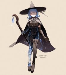 Rule 34 | 1girl, blue eyes, blue hair, boots, cloak, commentary request, crystal, dated, elbow gloves, fantasy, full body, gloves, hat, highres, holding, holding staff, kumomachi, original, short hair, simple background, single elbow glove, single thigh boot, solo, staff, thigh boots, see-through body, witch, witch hat
