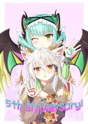 Rule 34 | 2girls, :o, animal ears, anniversary, arm around shoulder, arm on another&#039;s shoulder, arm over shoulder, astaroth (p&amp;d), bad id, bad pixiv id, bare shoulders, blunt bangs, blush, body writing, border, closed mouth, demon girl, demon horns, detached sleeves, english text, eyelashes, eyes visible through hair, feathered wings, fingernails, floral background, frills, fur-trimmed sleeves, fur trim, gold trim, gradient background, green eyes, green hair, green nails, hair between eyes, hair over shoulder, hair tubes, hand up, head tilt, headdress, highres, horns, ilmina (p&amp;d), long hair, long sleeves, looking at viewer, multicolored wings, multiple girls, nail polish, one eye closed, open hand, open mouth, outside border, pink background, polka dot, polka dot background, puzzle &amp; dragons, raised eyebrows, sharp fingernails, sidelocks, sleeve cuffs, smile, spiked wings, text focus, white border, white hair, wings