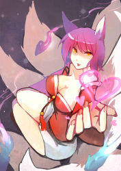 Rule 34 | 1girl, absurdres, ahri (league of legends), animal ears, bare shoulders, breasts, cleavage, fox ears, fox tail, heart, highres, large breasts, league of legends, long hair, looking at viewer, pink hair, solo, tail, yellow eyes, yfy