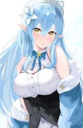 Rule 34 | 1girl, absurdres, ahoge, beret, blue bow, blue bowtie, blue coat, blue hair, bow, bowtie, breasts, center frills, cleavage, cleavage cutout, clothing cutout, coat, colored tips, commentary request, elf, flower, frilled shirt, frills, fur-trimmed coat, fur trim, hair between eyes, hair flower, hair ornament, hat, heart, heart ahoge, highres, hololive, large breasts, long hair, multicolored hair, off shoulder, onemuikun-b, pointy ears, shirt, simple background, sleeveless, sleeveless shirt, solo, streaked hair, upper body, very long hair, virtual youtuber, white background, white hat, white shirt, yellow eyes, yukihana lamy