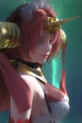 Rule 34 | 1girl, breasts, cleavage, dress, eyebrows, fate/apocrypha, fate (series), flower, frankenstein&#039;s monster (fate), from side, hair flower, hair ornament, hairband, headgear, highres, horns, lips, looking at viewer, medium breasts, nose, pink hair, realistic, ryan tien, see-through, see-through cleavage, short hair, sideboob, single horn, sleeveless, sleeveless dress, solo, upper body, yellow eyes