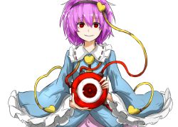 Rule 34 | 1girl, bad id, bad nicoseiga id, blue shirt, crazy eyes, eyeball, frilled shirt collar, frilled sleeves, frills, hairband, heart, kankan33333, komeiji satori, long sleeves, looking at viewer, parted lips, pink skirt, purple hair, red eyes, shirt, short hair, simple background, skirt, smile, solo, third eye, touhou, upper body, white background, wide sleeves, yandere