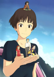 Rule 34 | 00s, 10s, 2boys, 3girls, arrietty, black shirt, blouse, brown eyes, brown hair, company connection, crossover, foreshortening, gake no ue no ponyo, giant, giantess, homily (arrietty), homily (borrower), indian style, jas (littlecrime), karigurashi no arrietty, lisa (ponyo), md5 mismatch, mini person, miniboy, minigirl, multiple boys, multiple girls, on head, person on head, pod, pod (arrietty), pod (borrower), resolution mismatch, shirt, short hair, sitting, sitting on head, sitting on person, sky, smile, source larger, spiller, studio ghibli
